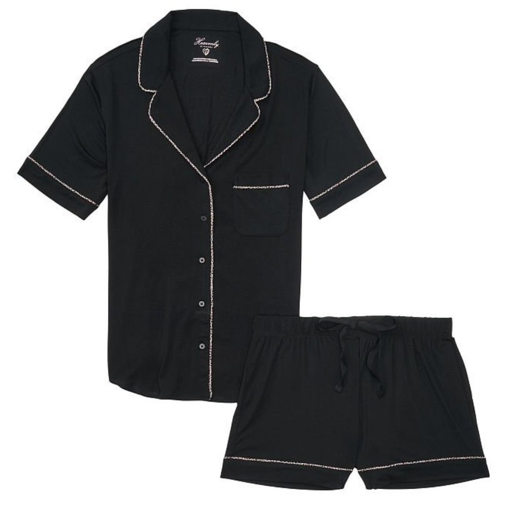 L VS Short PJ Set Black with Leopard Piping Heavenly Modal Softest PJs NWT - Picture 2 of 11